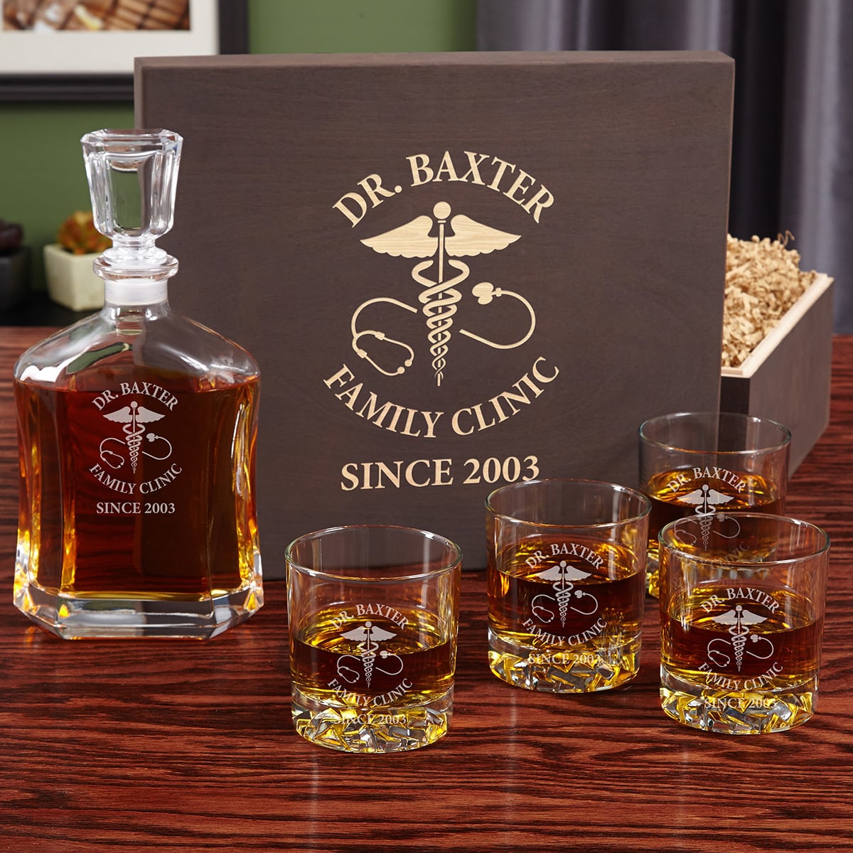 Caduceus Decanter Set - Personalized MD Present - Retirement, Promotion, Graduation Gift for Doctor - Unique Medical orders Doctor Barware