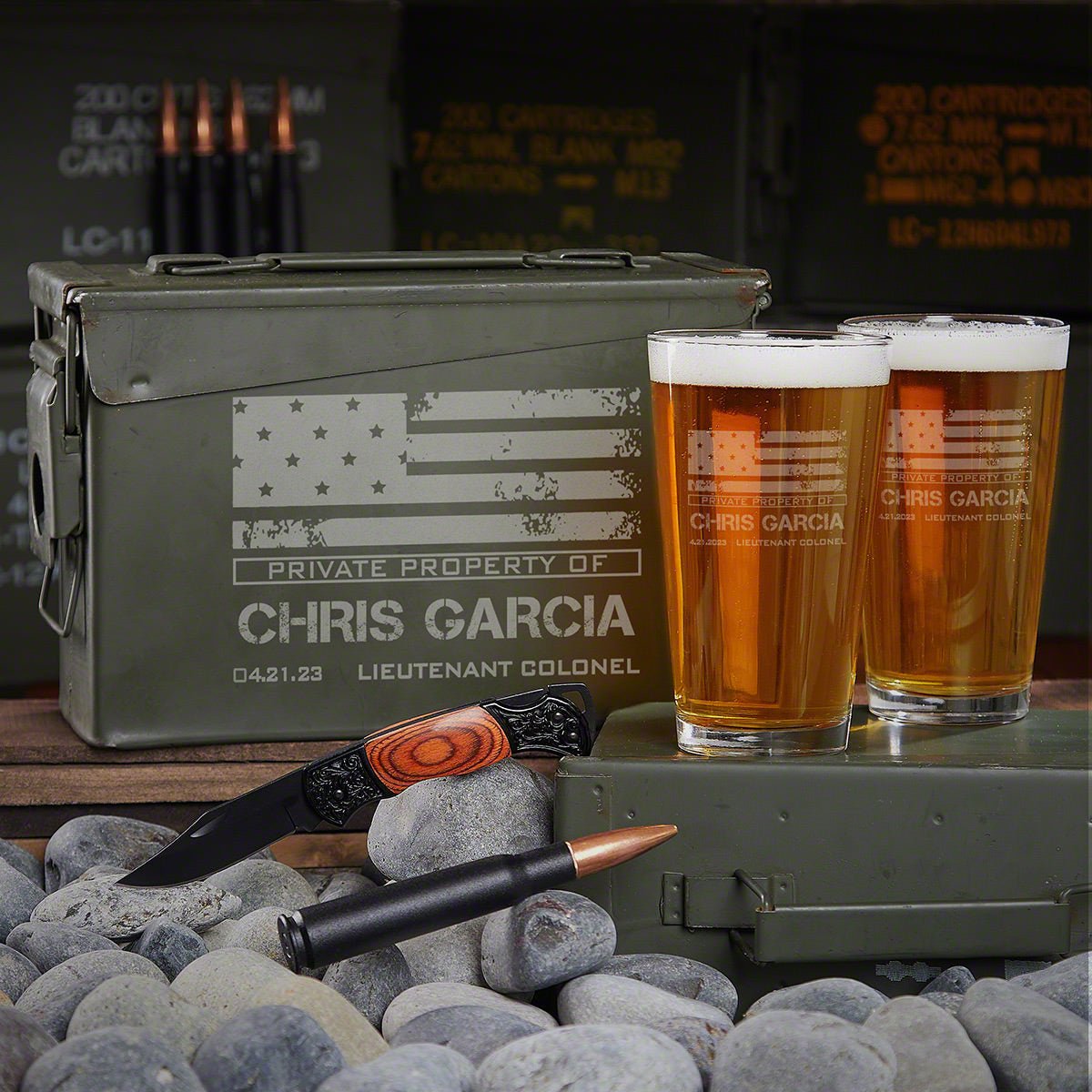 Personalized 50 Cal Ammo Can and Beer Glasses Gift Set - Etched Pint Glasses, Engraved Flashlight, Father's Day Gift, Custom Bottle popular Opener