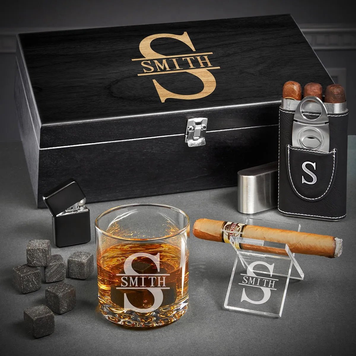 Engraved Cigar Humidor Gift store Set with Matching Accessories, Great gift for your groomsmen or cigar lovers.