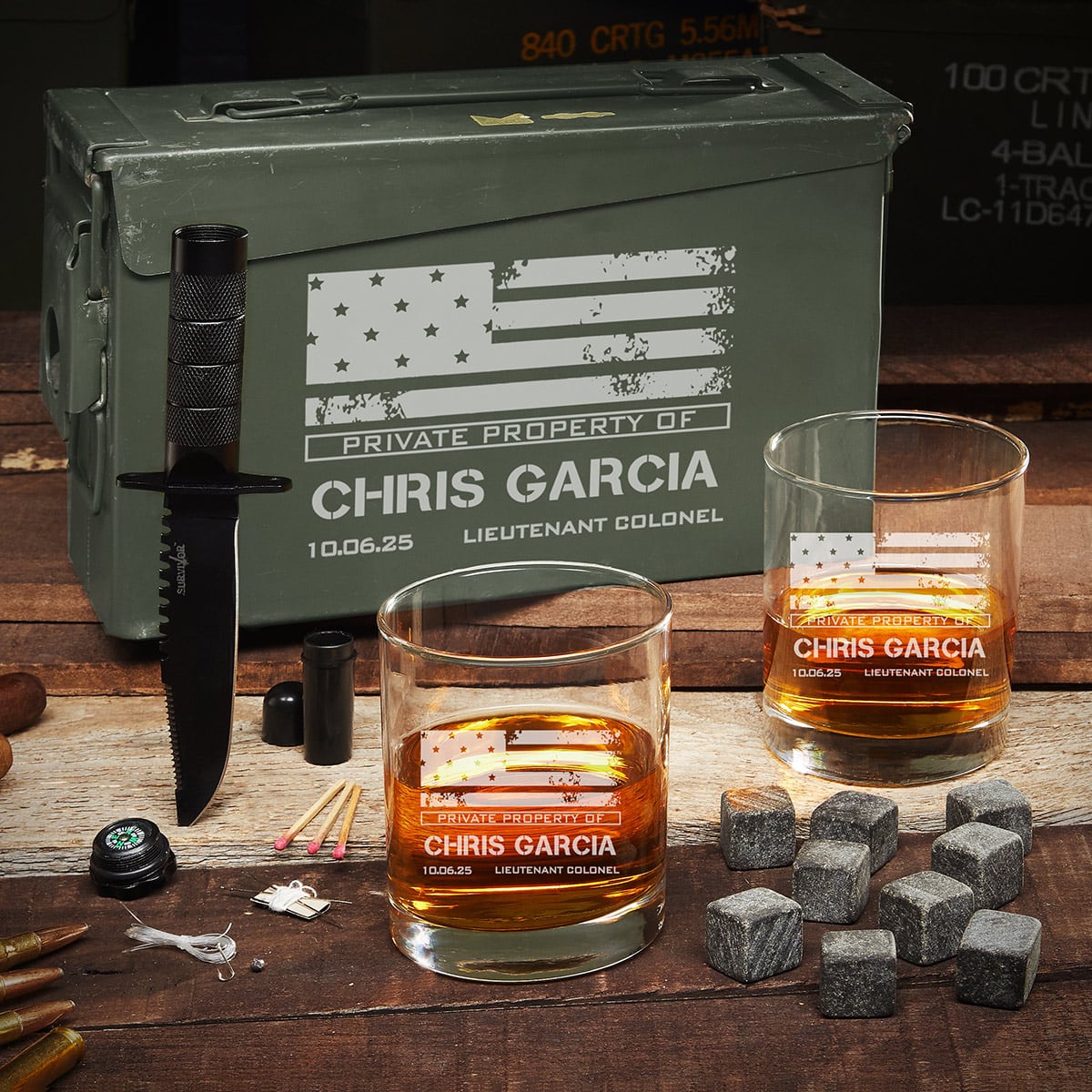 American Heroes Engraved 30 Cal Ammo Box and Eastham Whiskey Glasses Gift Set - Military Graduation Gift, Etched Rocks Glasses, offers Retirement