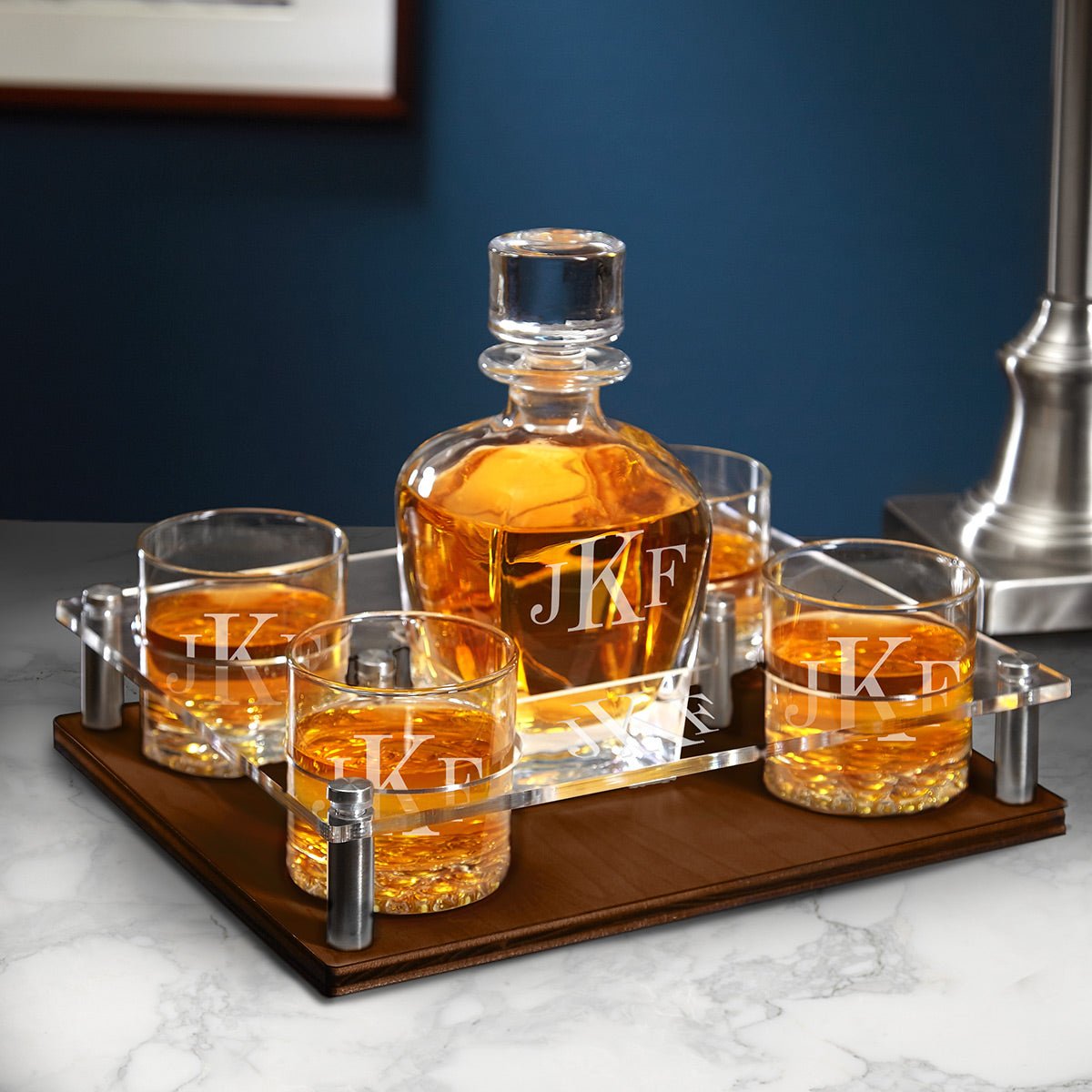 Personalized 4-pc Bar Tray, Decanter, & Rocks Glass store Set