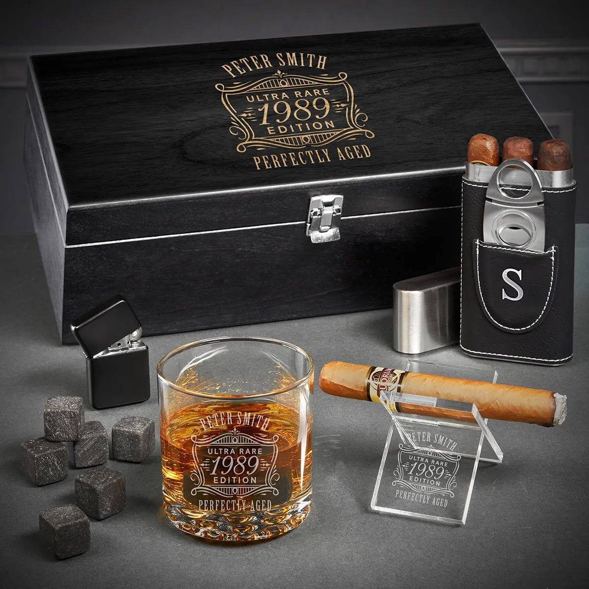 Personalized Cigar Gift Box Set - hotsell Perfect for Whiskey Lovers, Cigar Aficionados, Engraved Rocks Glass, Whiskey Stones, Cigar Holding Glass