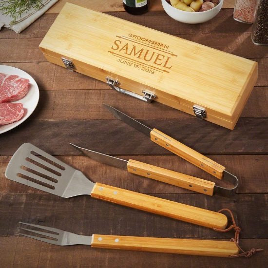 Bamboo BBQ tools with personalized box as retirement gift for men