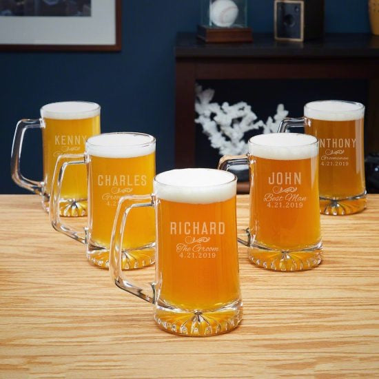 Personalized Set of 5 Groomsmen Beer Mugs