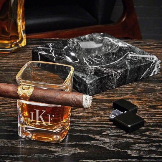 Cigar ashtray and cigar whiskey glass retirement gift for men