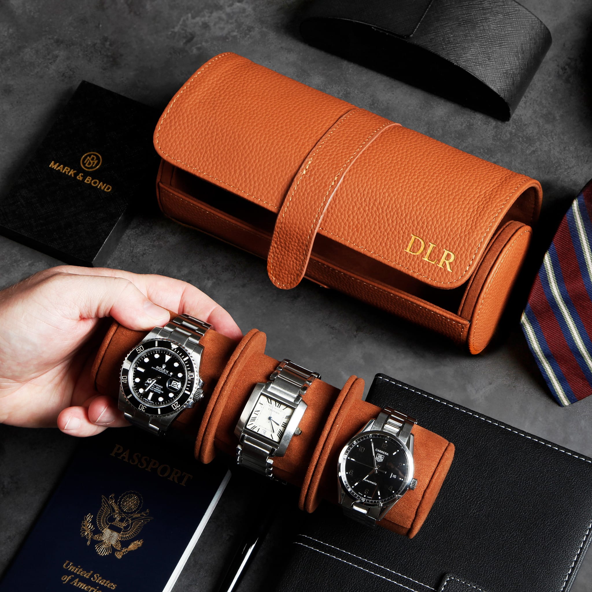 Durham Custom Leather Watch Roll for Travel, Camel