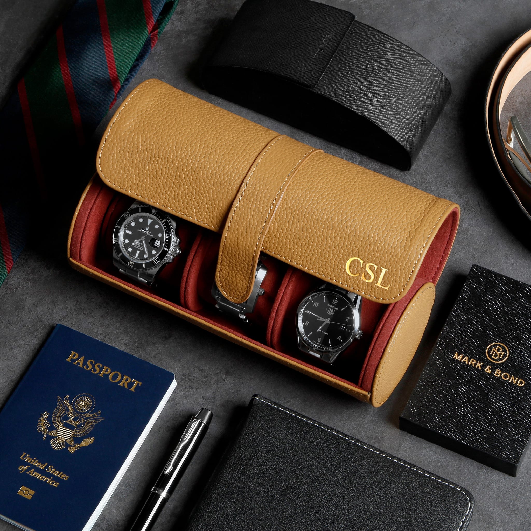 Durham Custom Leather Watch Roll for Travel, British Tan