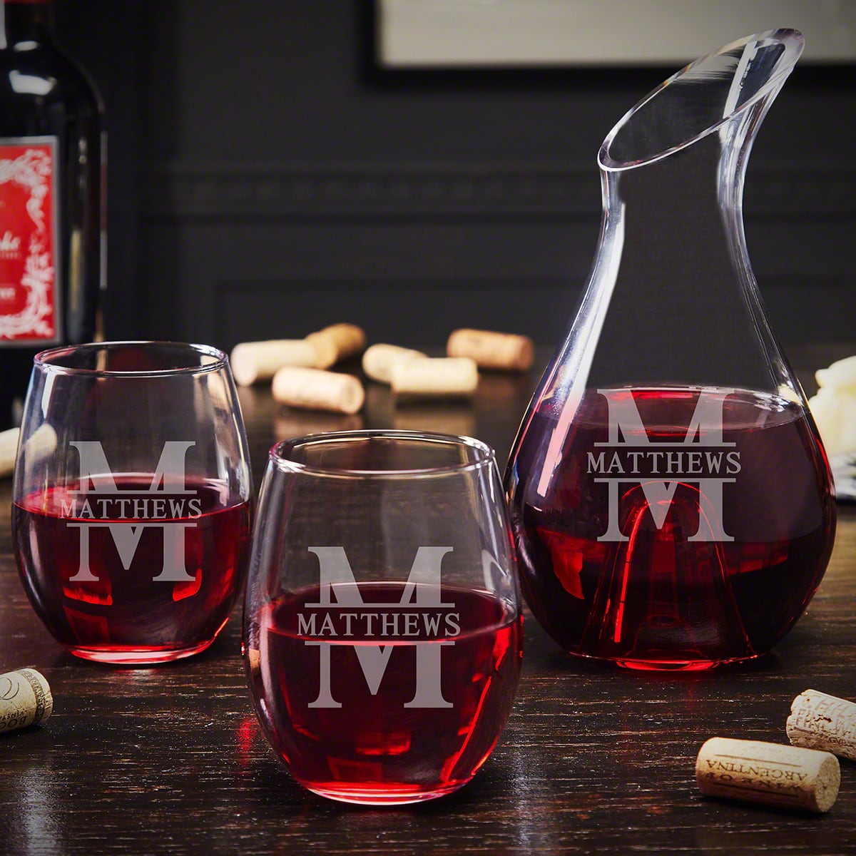 Custom Wine Decanter Set with Stemless Glasses