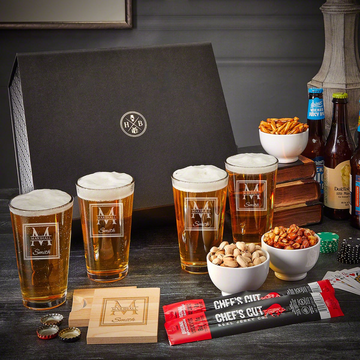 Personalized Gifts for Beer Lovers 13pc Set - Custom Pint Glasses and Snacks