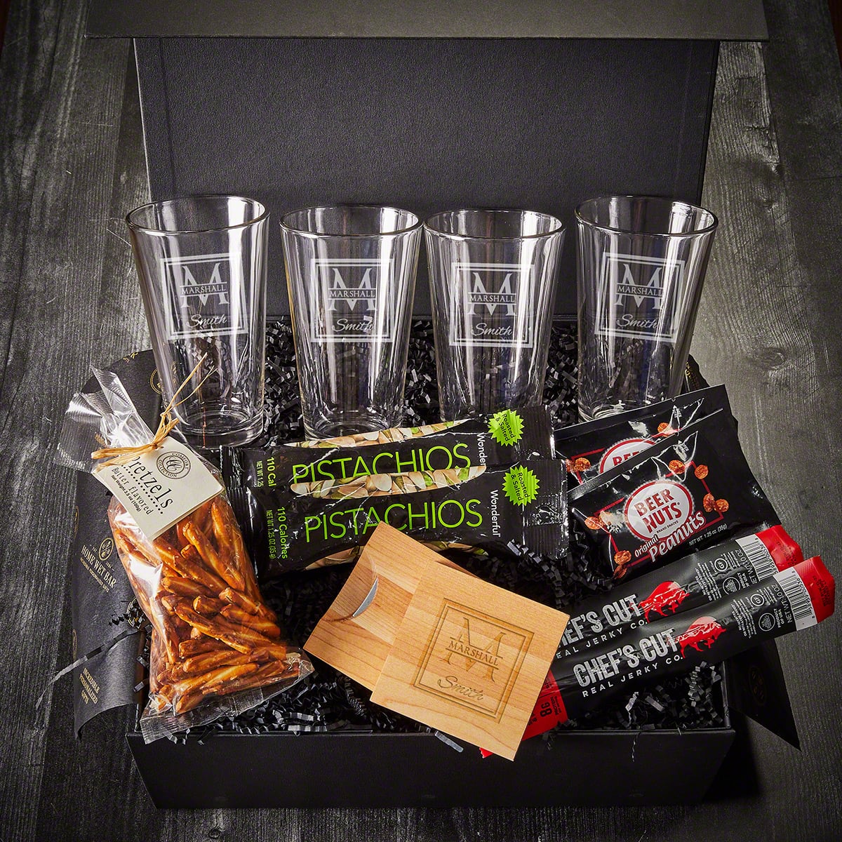 Personalized Gifts for Beer Lovers 13pc Set - Custom Pint Glasses and Snacks