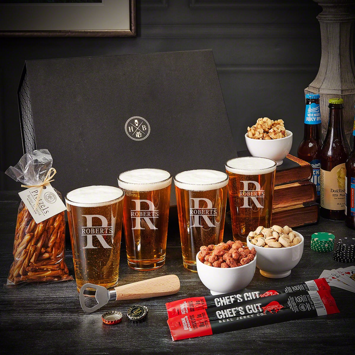Ultimate Boxed Beer Gifts Set - 13pc with Custom Pint Glasses and Snacks
