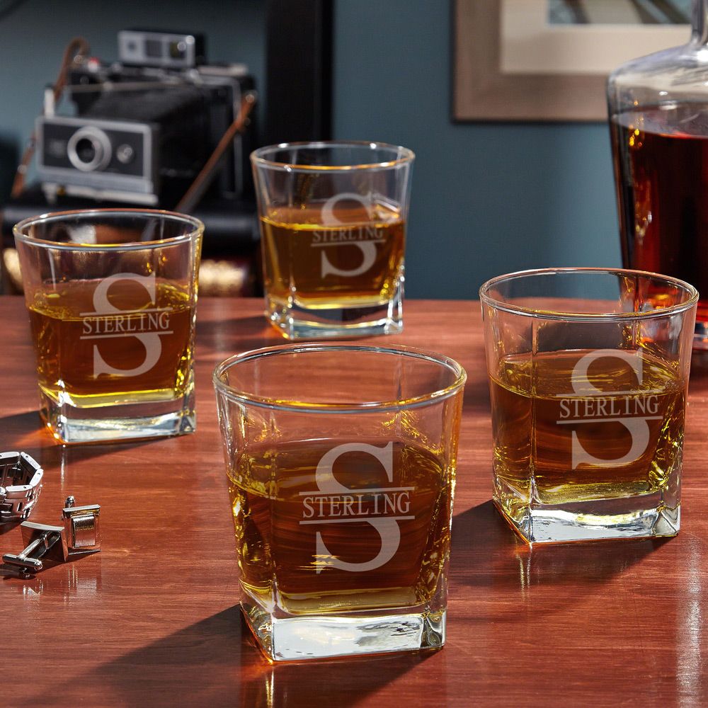 Engraved Bourbon Decanter Set with Square Rocks Glasses - 6pc 