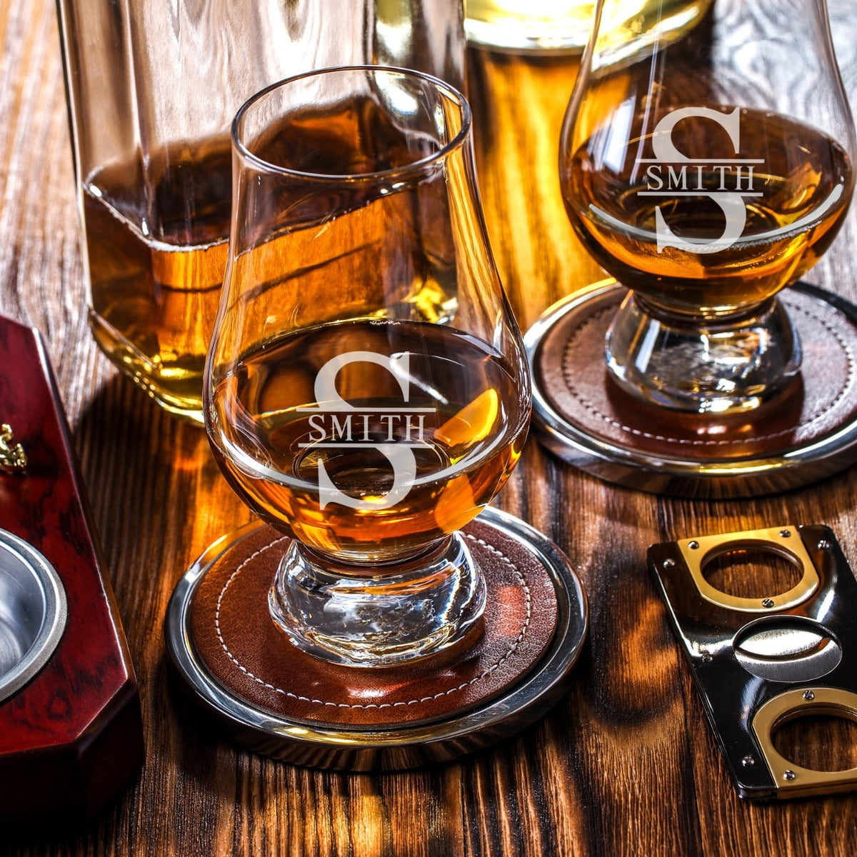 Personalized Glencairn Whiskey Glasses Presentation Set - 7pc Serving Tray Set