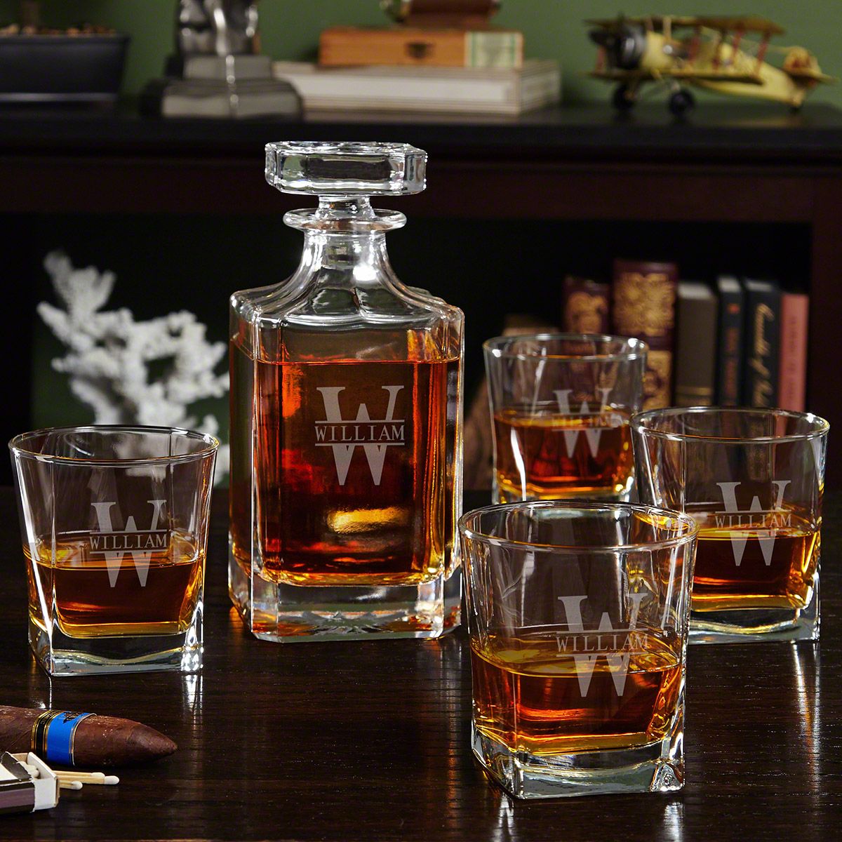 Etched Whiskey Decanter Set with Square Rocks Glasses