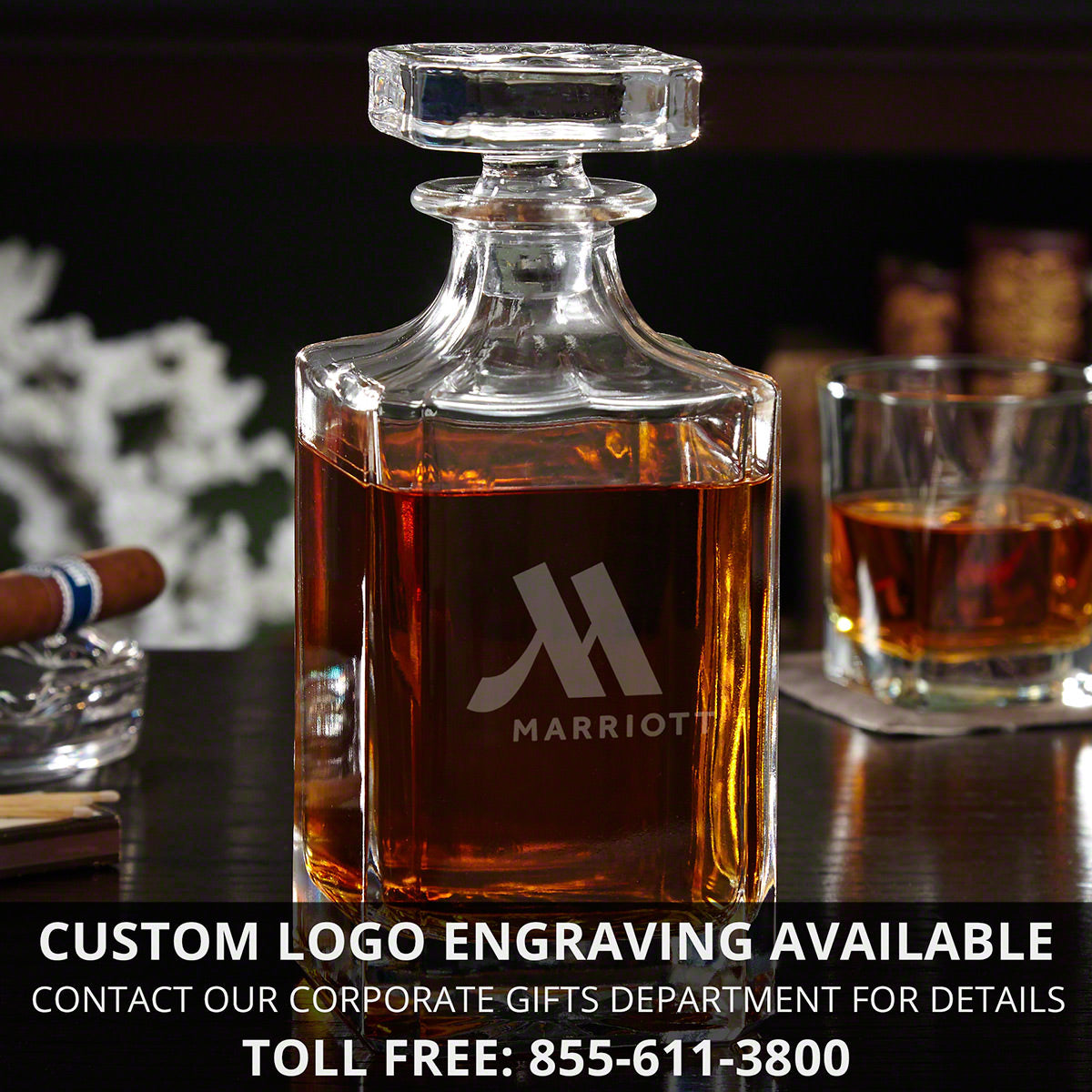 Custom Presentation Set with Carson Whiskey Decanter & Glasses - Bar Serving Tray & Display Set