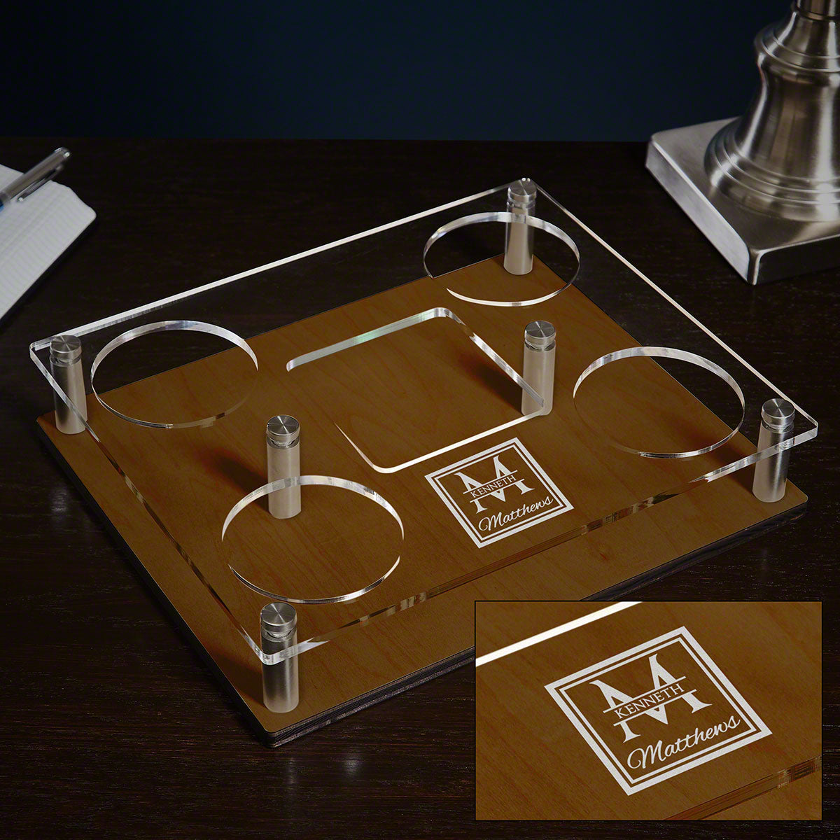 Monogrammed Presentation Set with Custom Rocks Glasses & Whiskey Decanter - 6pc Walnut Serving Tray & Display Set