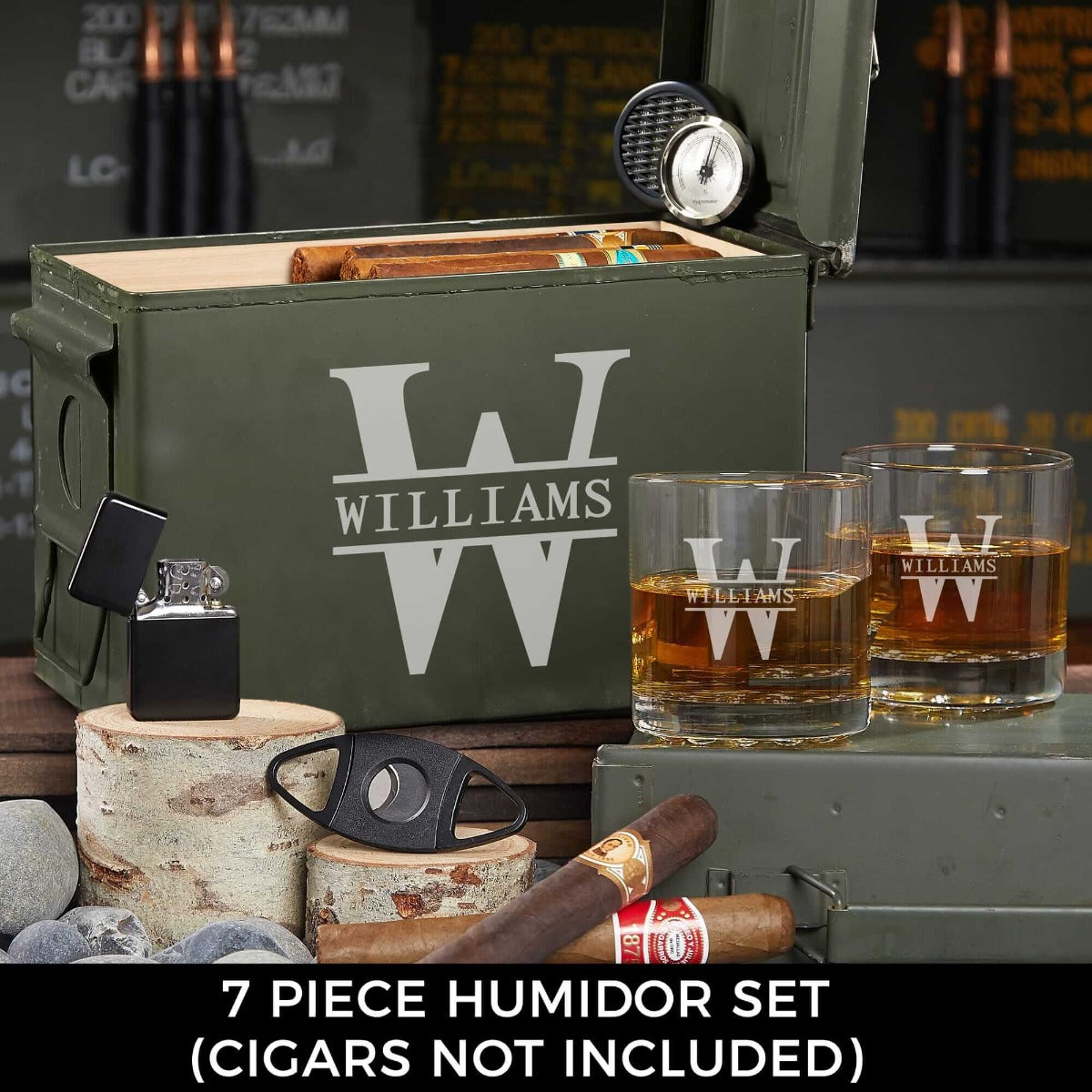 Custom 50 Cal Ammo Can Humidor Cigar Gifts and Two Whiskey Glasses - 7pc