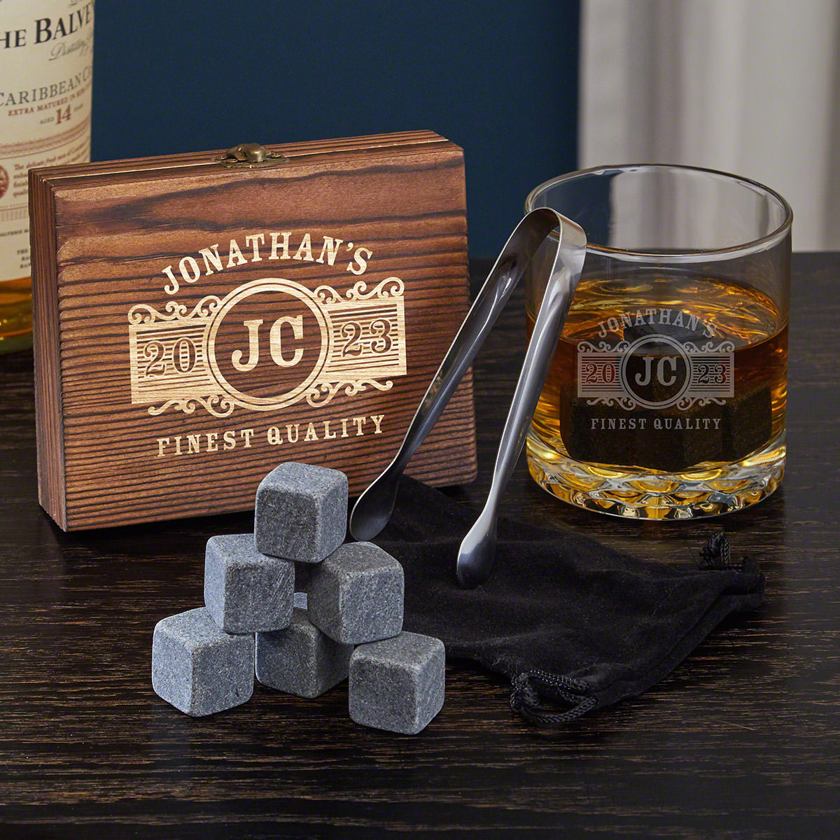 Engraved Whiskey Chilling Stones and Rocks Glass Set 