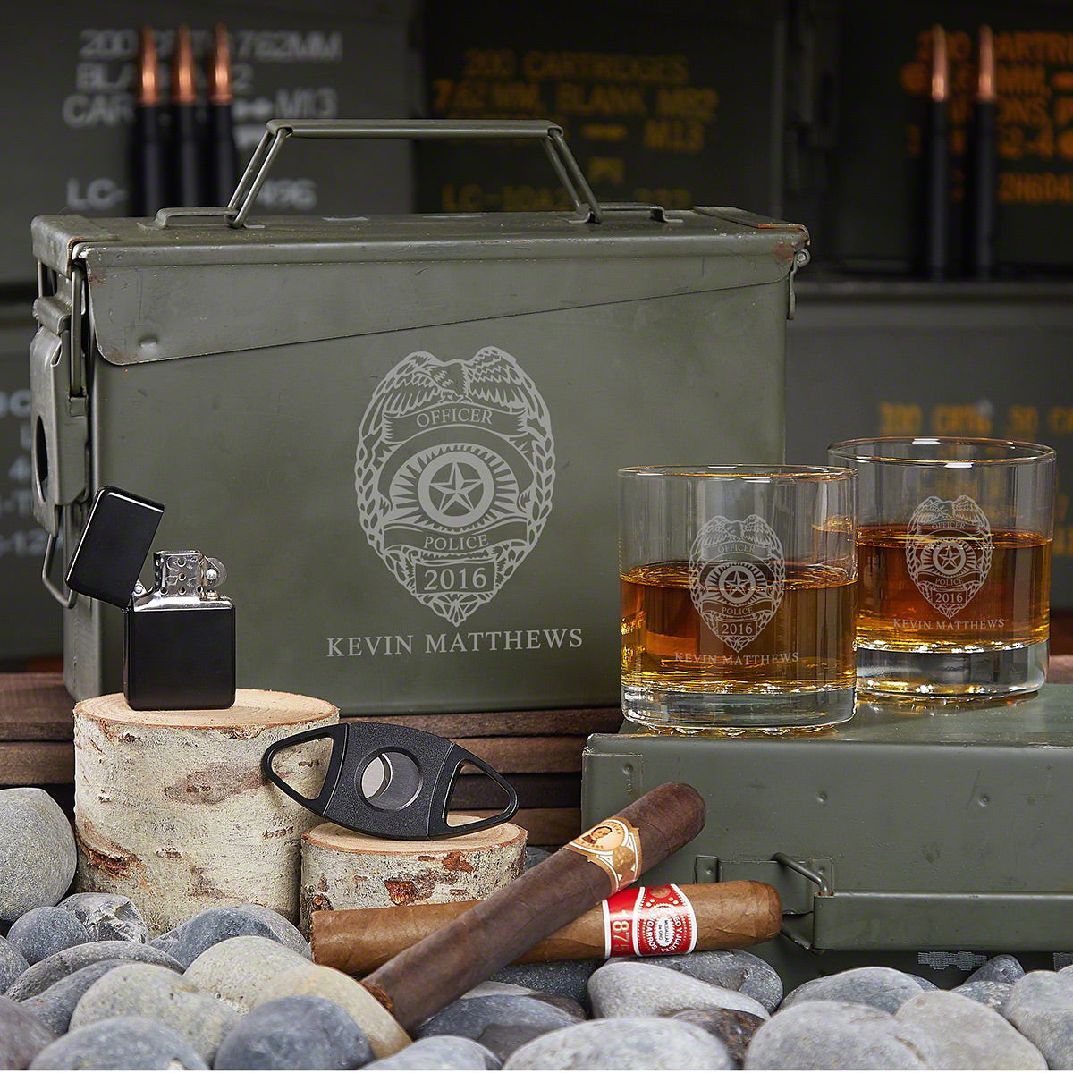 Custom Whiskey & Cigar Ammo Can Gift Set for Police