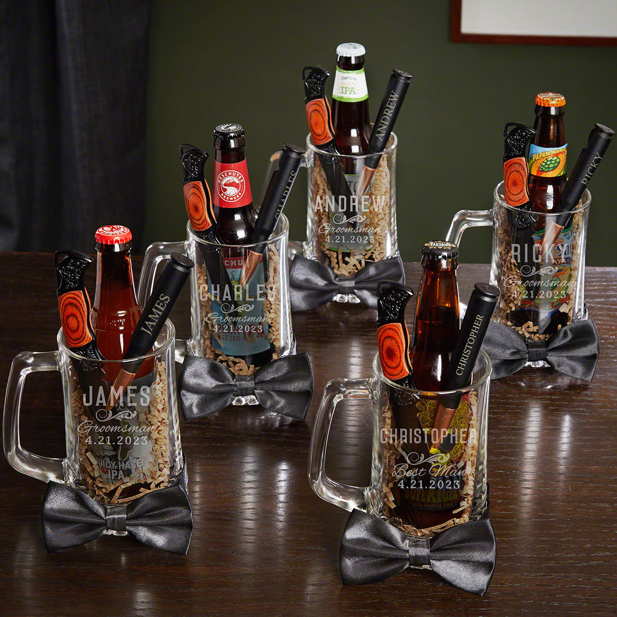 Classic Groomsman Personalized Beer Mugs & Bottle Openers  5 Groomsmen Gift Sets