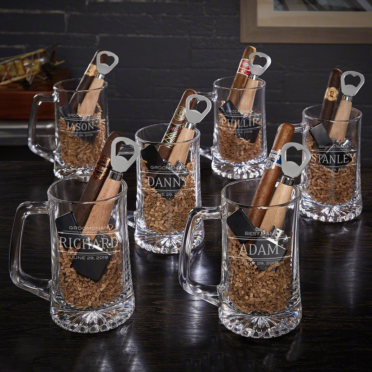 Custom Cigar & Beer Gift Sets for Groomsmen- Set of 6 Beer Mug Sets