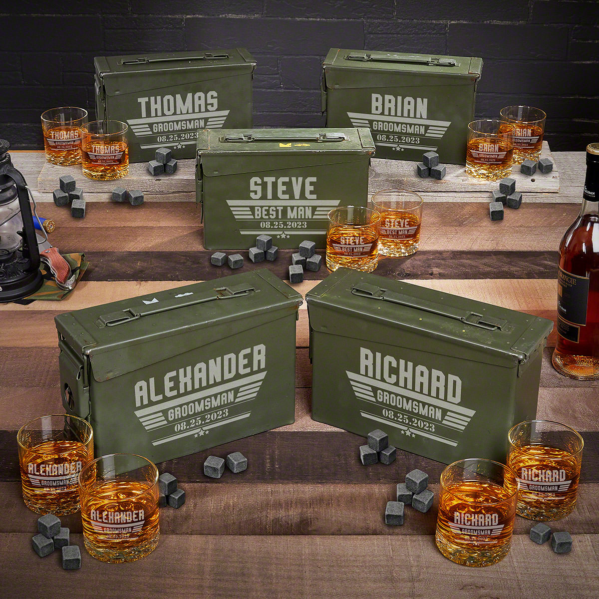 Personalized Ammo Can Modern Groomsmen Gifts - Set of 5 Whiskey Gifts with Glasses