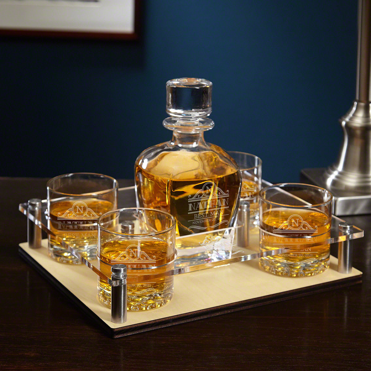 Custom Liquor Decanter Presentation Set with Buckman Whiskey Glasses - Bar Serving Tray & Display Set