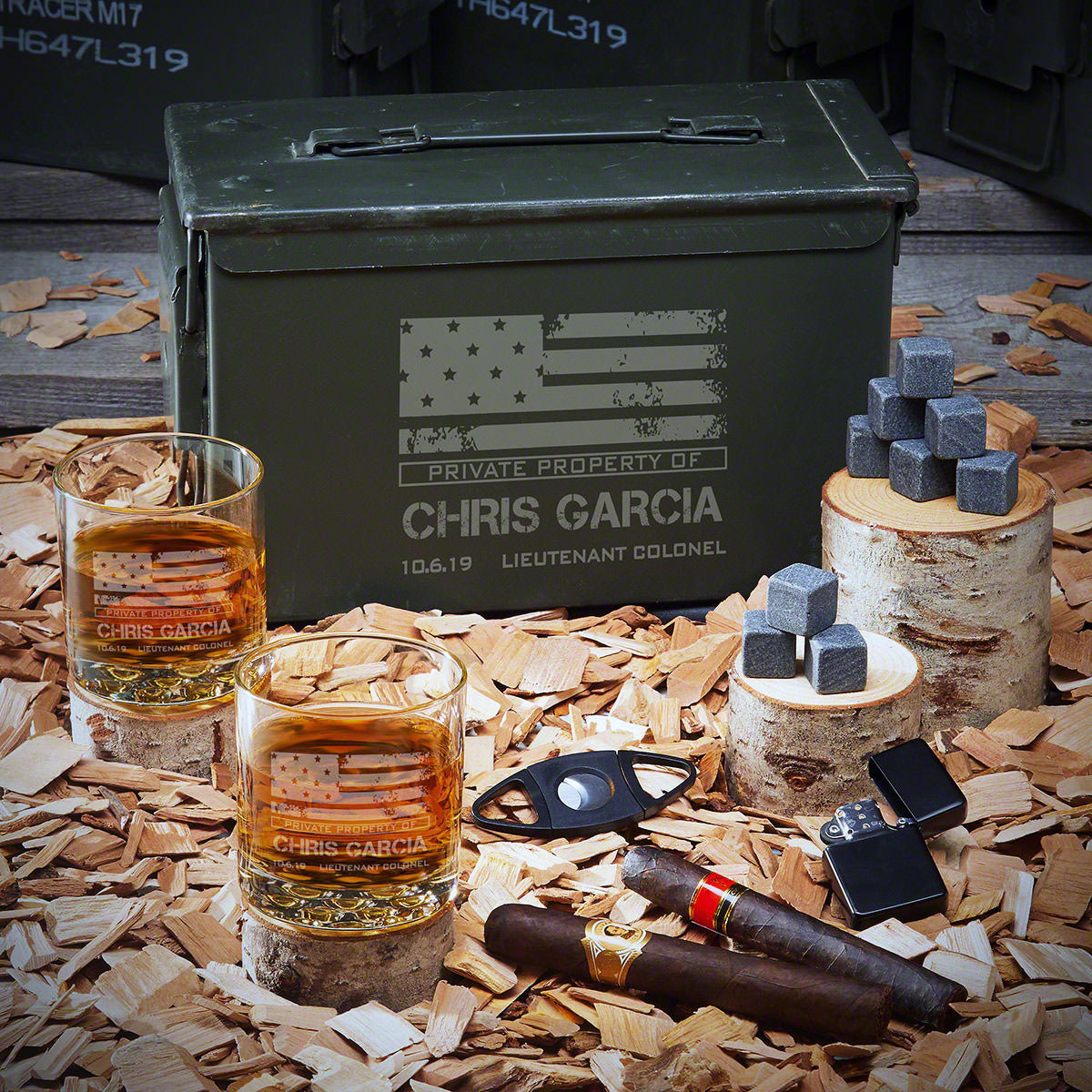 Personalized 50 Cal Ammo Can Whiskey Set - Gift for Military