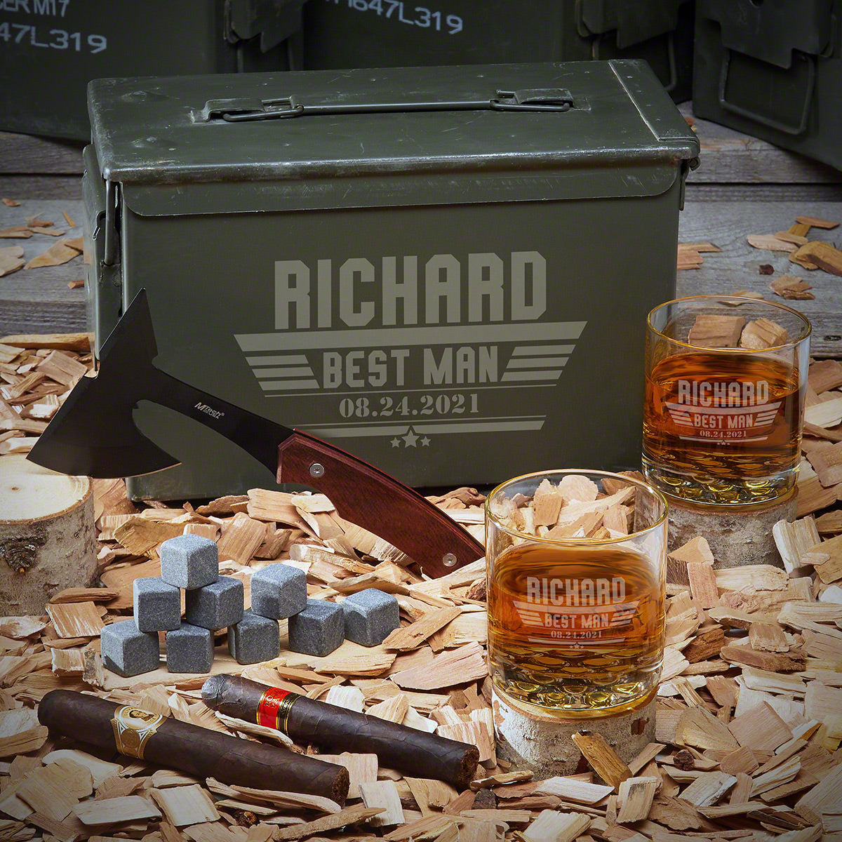 Personalized 50 Cal Ammo Can & Hatchet - 5pc Groomsmen Gift Set