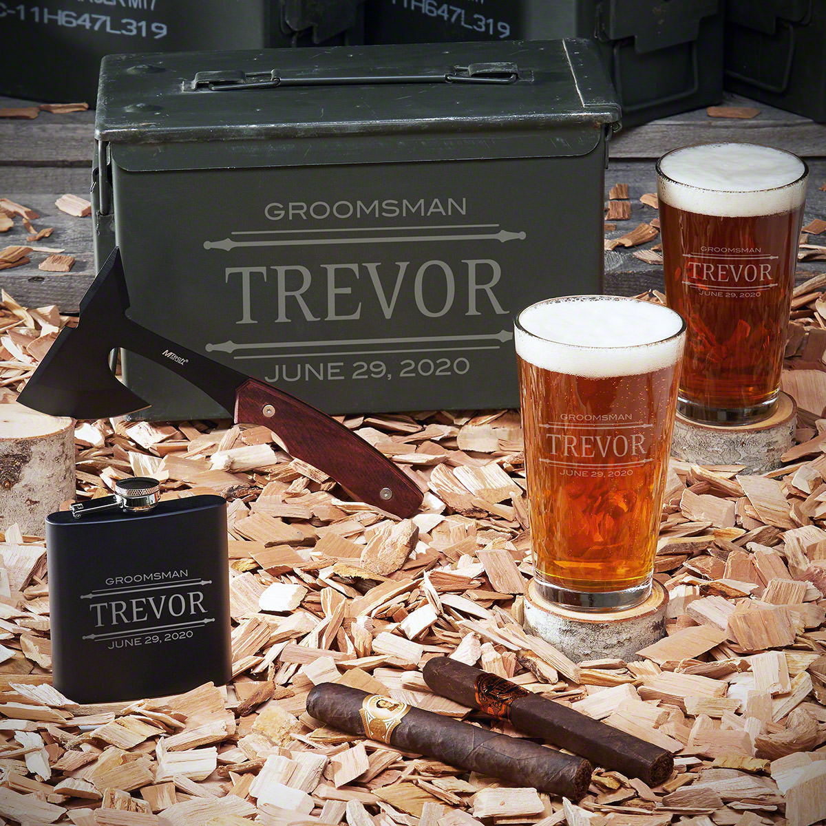 Personalized 50 Cal Ammo Can & Hatchet - 5pc Beer Gift Set for Men