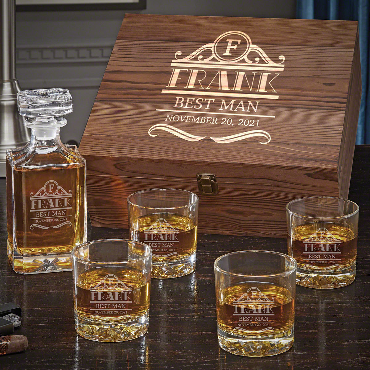 Personalized Whiskey Decanter Set with Glacier Bottom Glasses Boxed Set