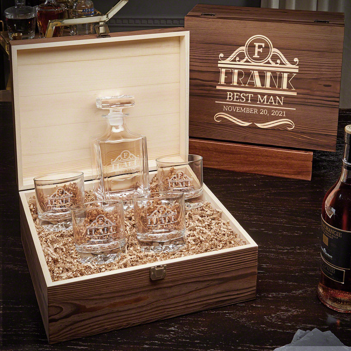 Personalized Whiskey Decanter Set with Glacier Bottom Glasses Boxed Set