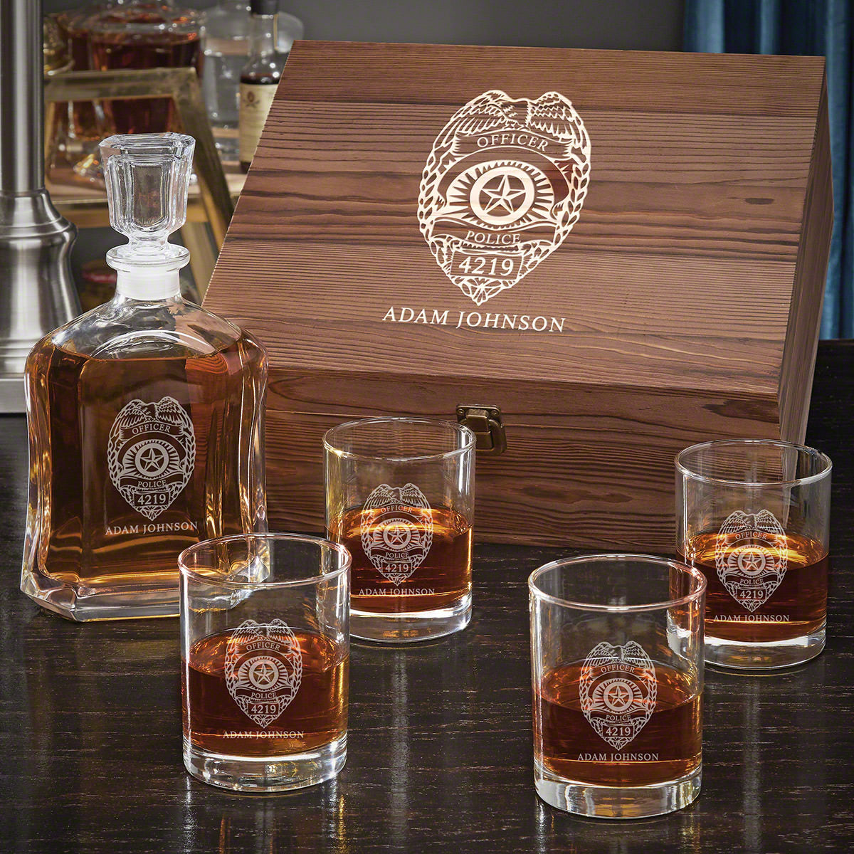 Personalized Whiskey Argos Decanter with Eastham Glasses - Gift Set for Police