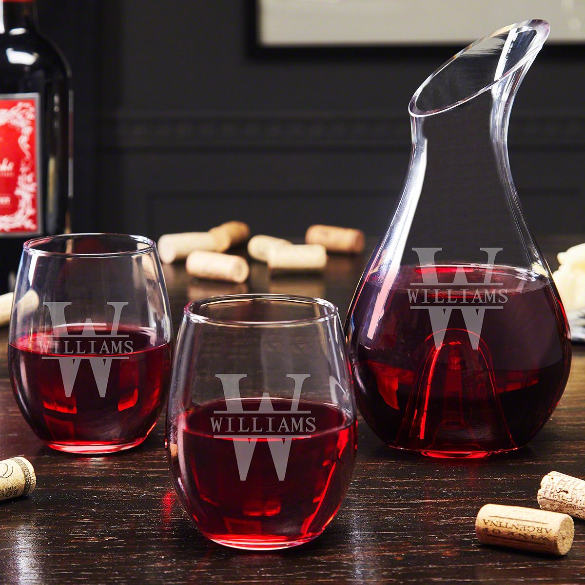 Engraved Wine Decanter Set With Stemless Wine Glasses 