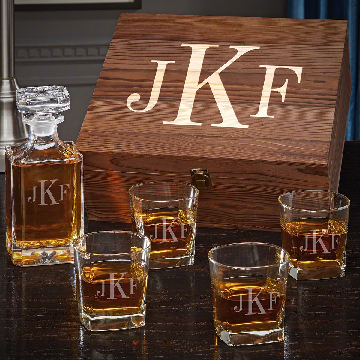 Carson Decanter Personalized Whiskey Gift Set with Square Rocks Glasses