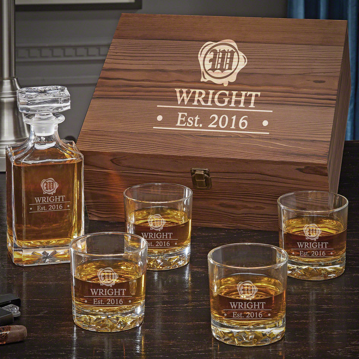 Carson Decanter Personalized Whiskey Box Set with Glacier Bottom Glasses Boxed Set