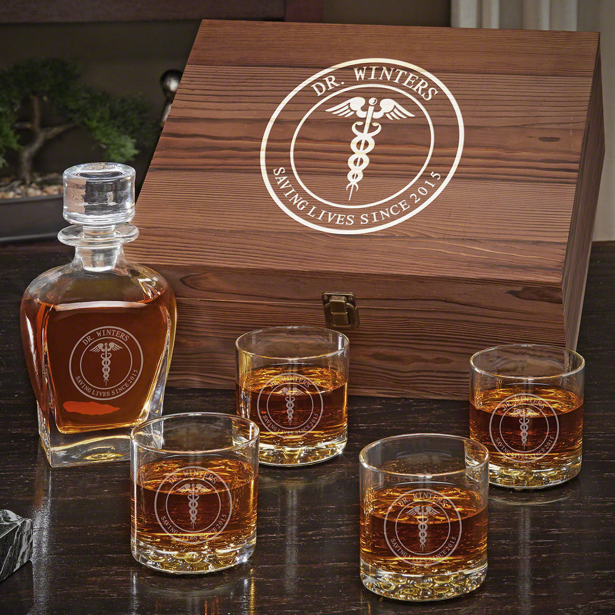 Personalized Whiskey Draper Decanter Set with Buckman Glasses - Gift for Doctors
