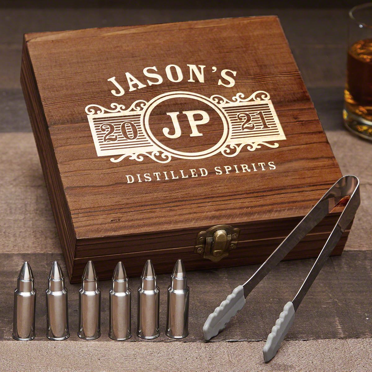 Engraved Boxed Whiskey Glass Set With Bullet Whiskey Stones 