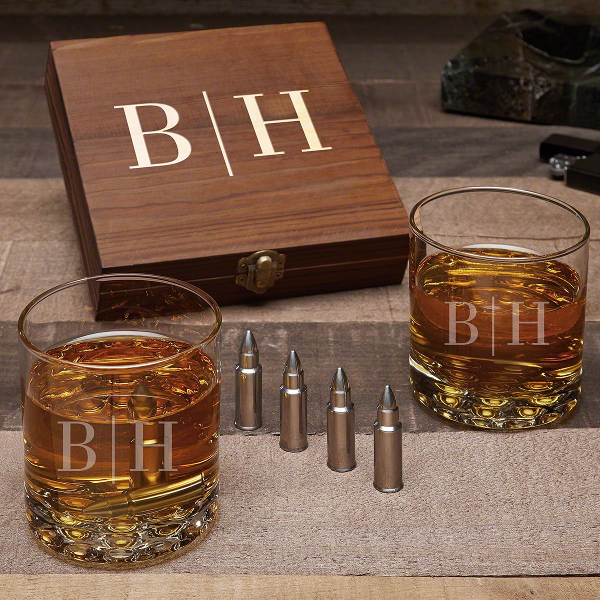 Personalized Whiskey Gift Set with Bullet Whiskey Stones and Buckman Glasses