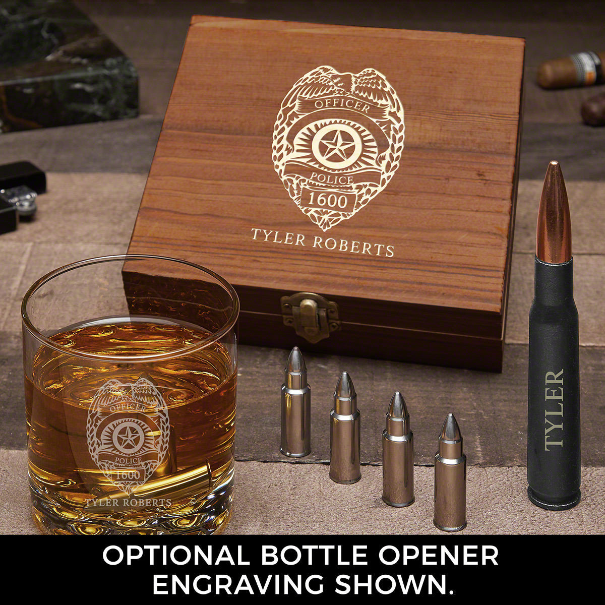Police Badge Personalized Gun-Themed Whiskey Gift for Cops with Buckman Glass