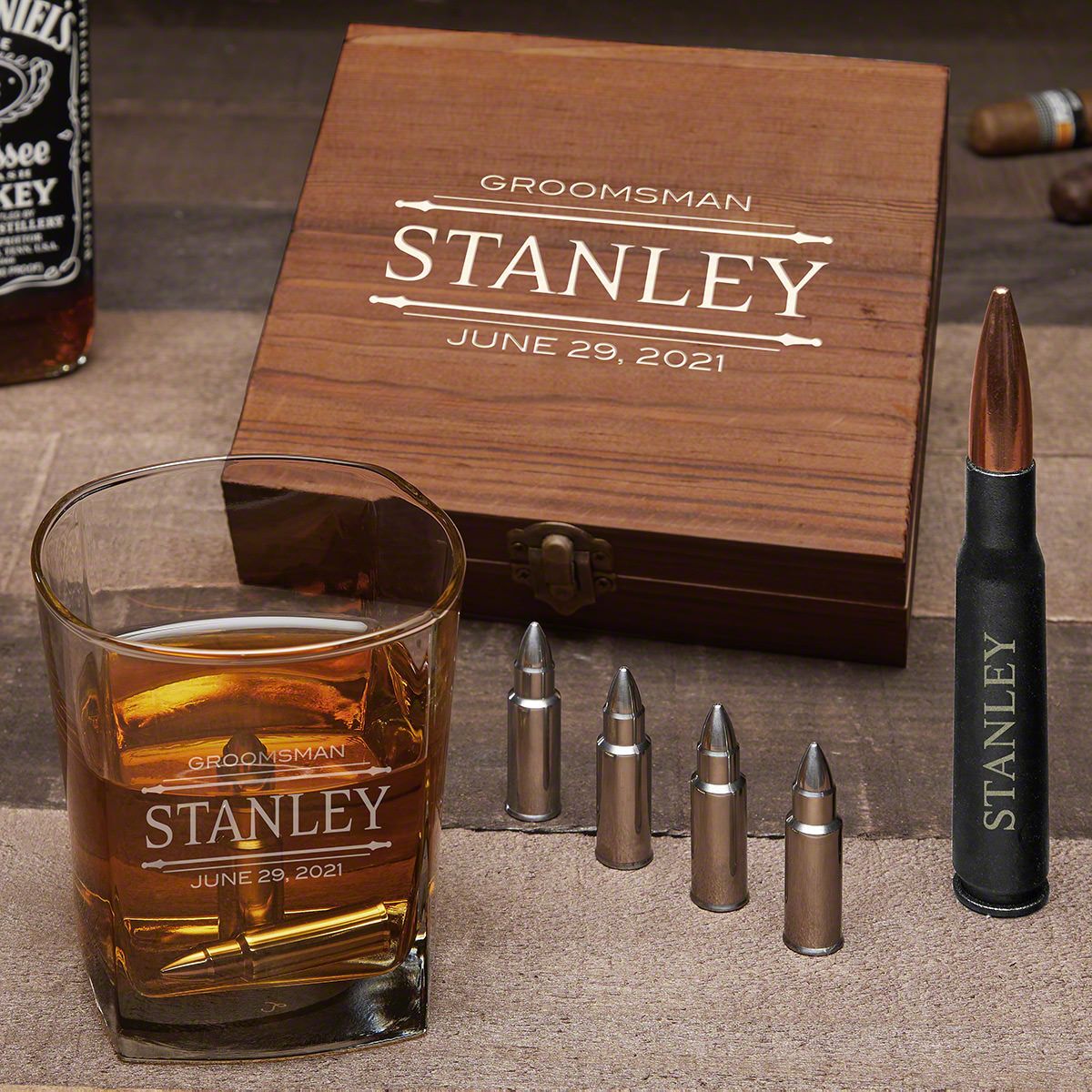 Personalized Bullet Whiskey Stone Set with Bullet Opener