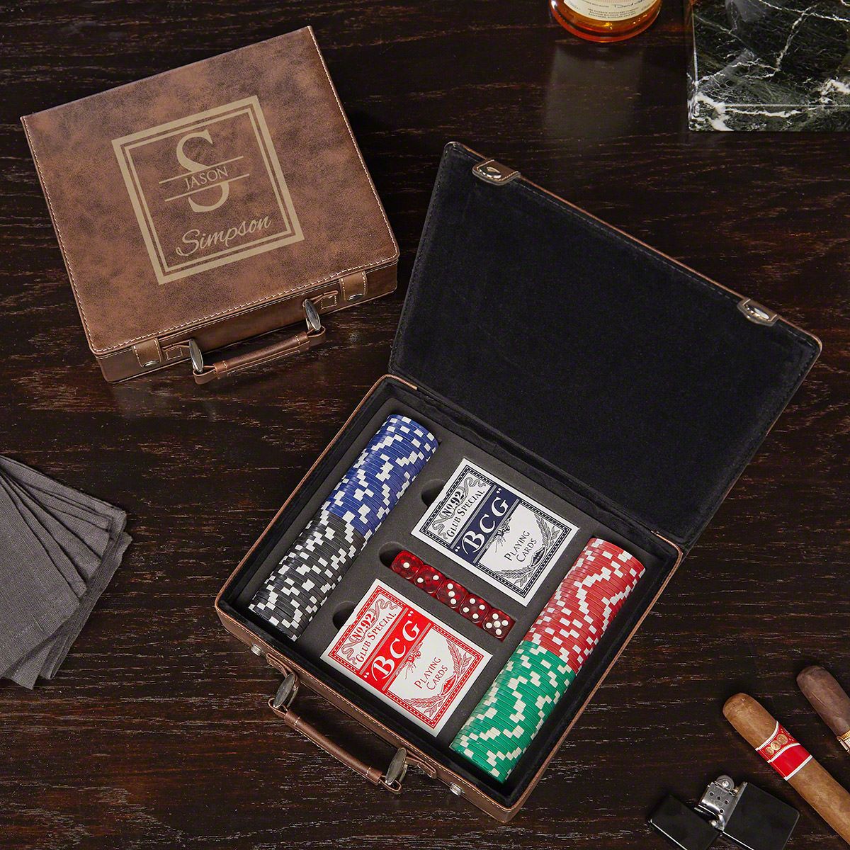 Brown Personalized Poker Set & Whiskey Cigar Glass