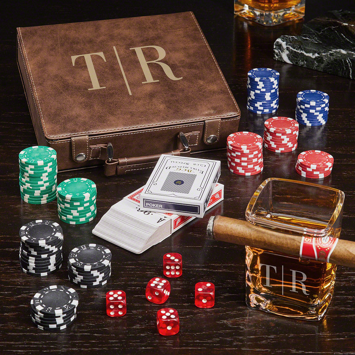 Brown Personalized Poker Set & Whiskey Cigar Glass