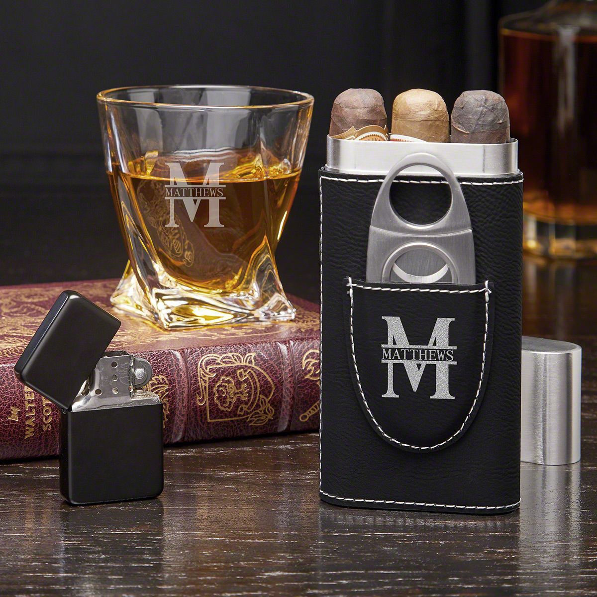 Custom Cigar Case & Twist Whiskey Glass Gift Set