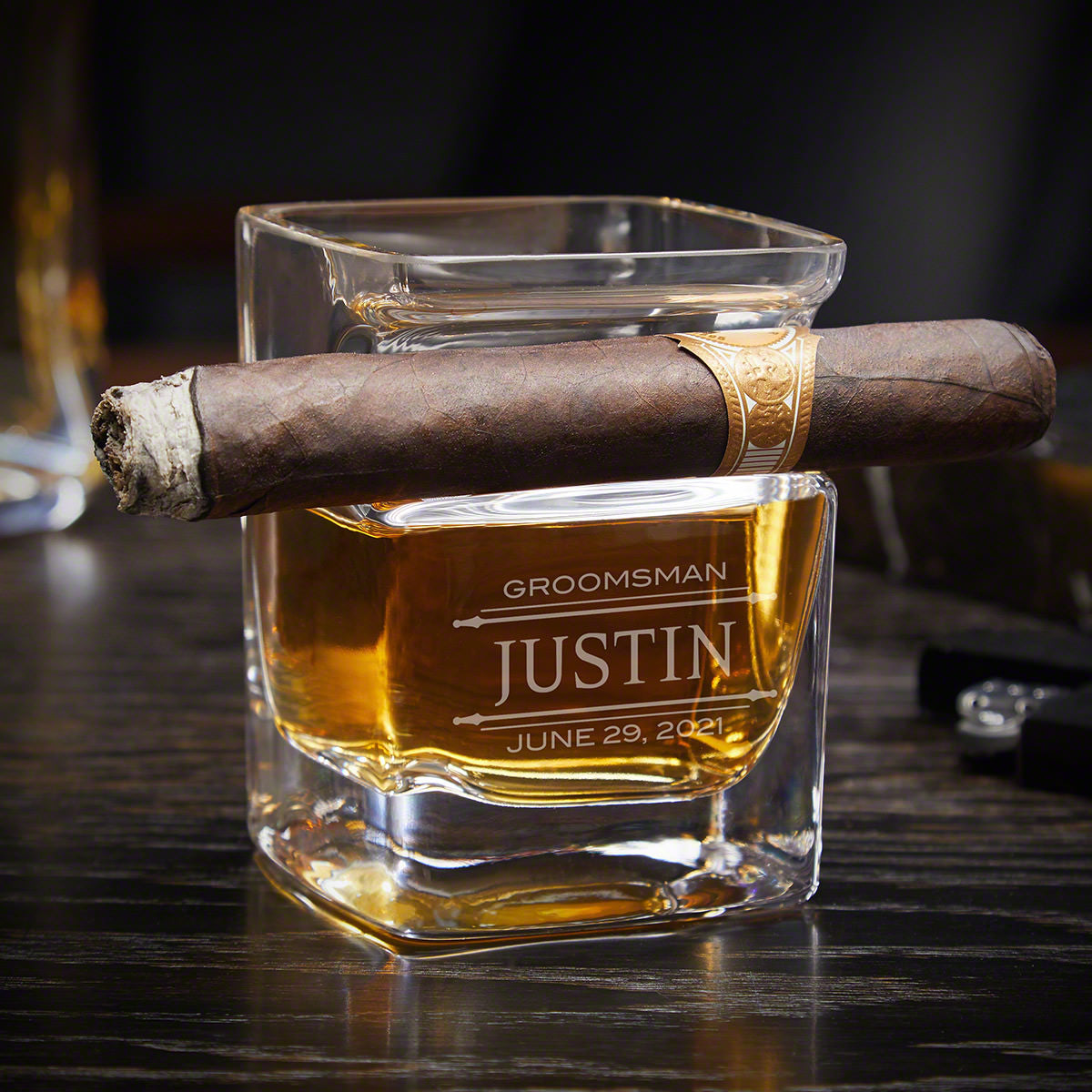 Engraved Whiskey Glass Cigar Holder