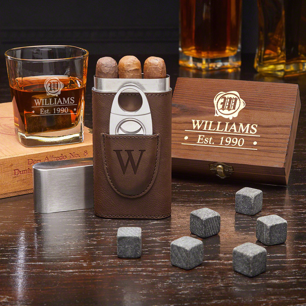 Personalized Whiskey Gift Set with Cigar Case