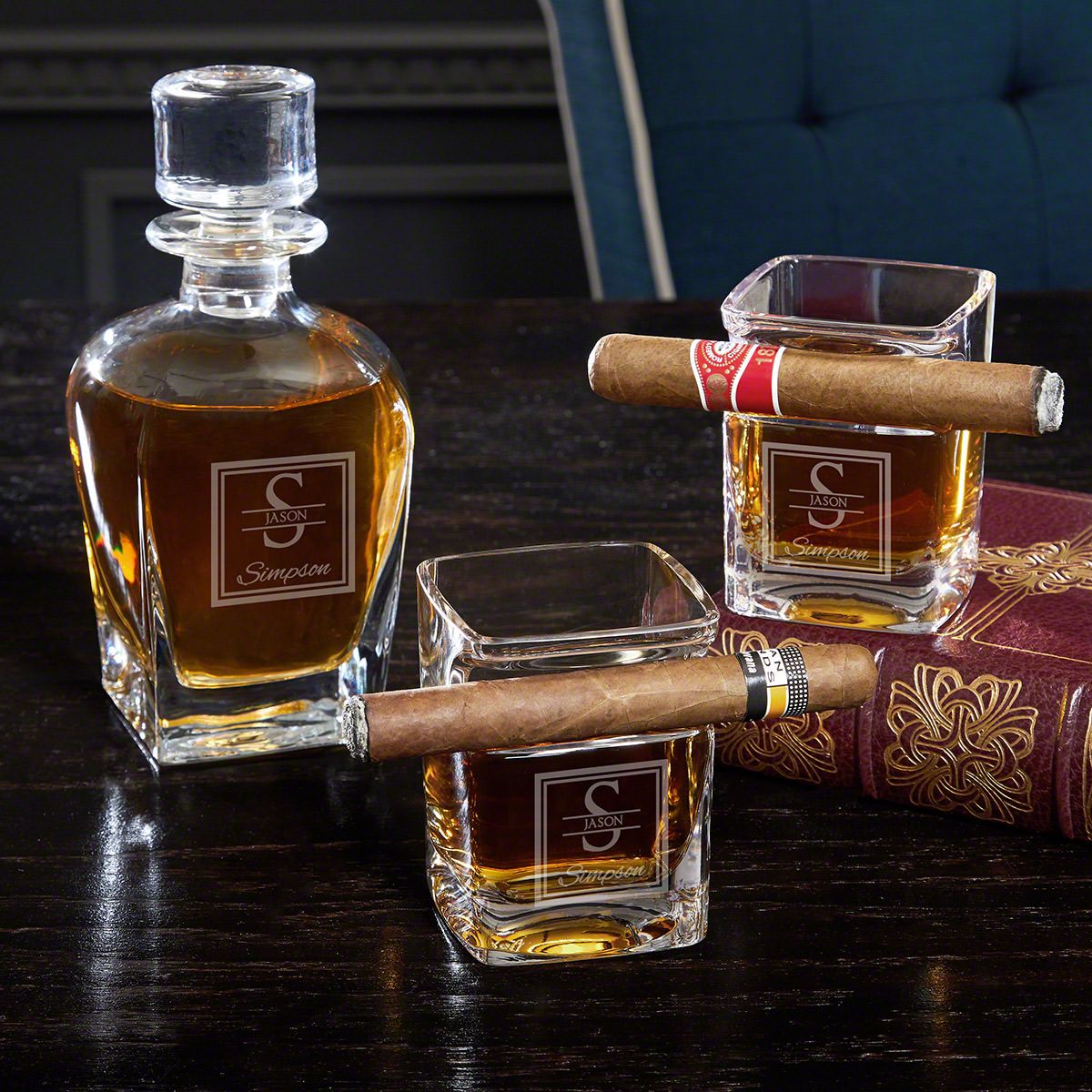 Etched Cigar Glasses and Whiskey Gift Set