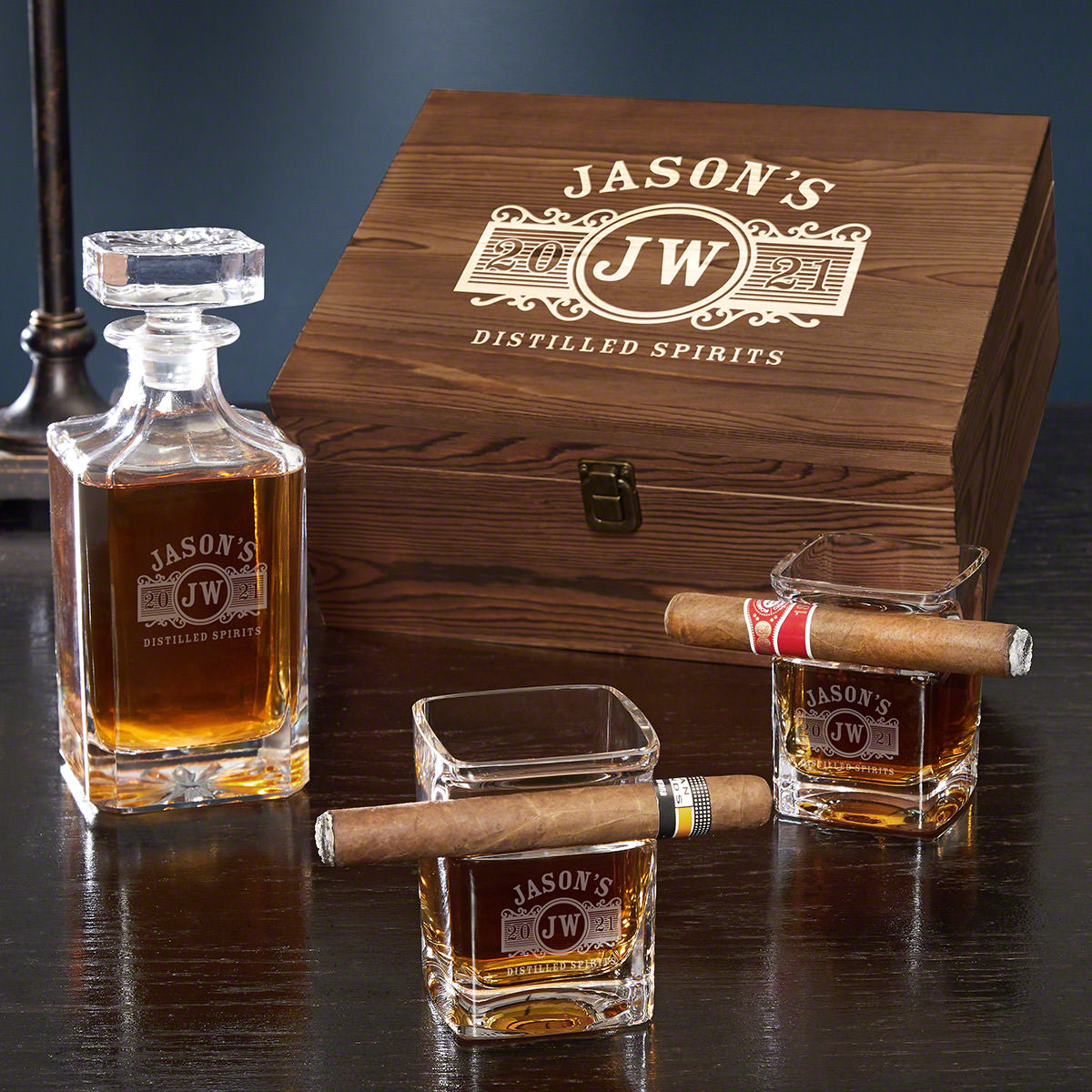 Custom Cigar Gift Set with Gift Boxed Decanter and Cigar Glasses