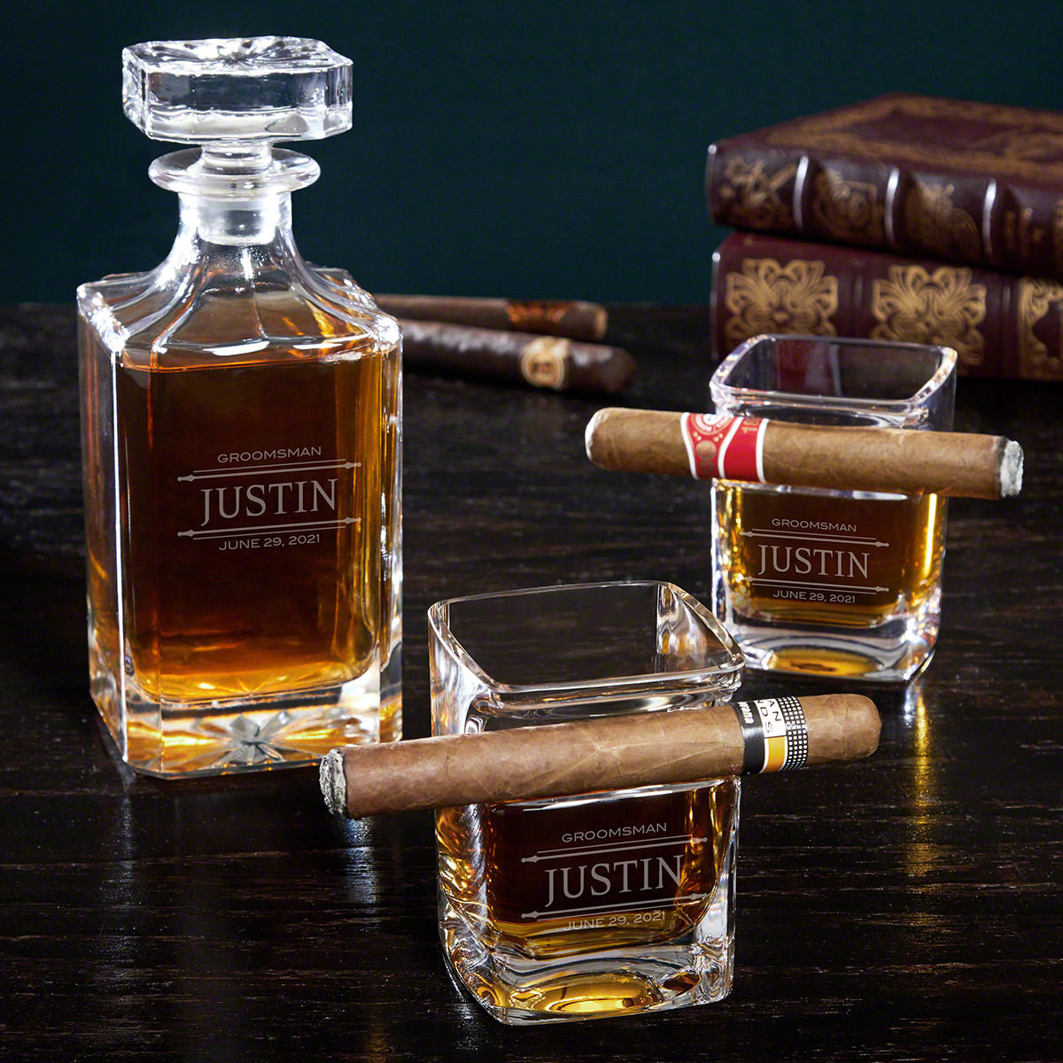 Engraved Decanter Set with Cigar Glasses