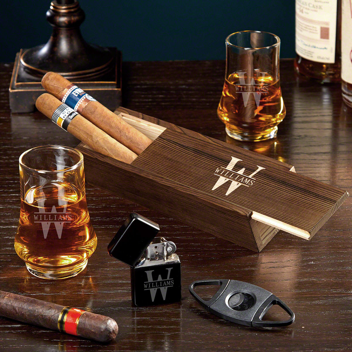 Engraved Whiskey and Cigar Gift Set with Kenzie Glasses